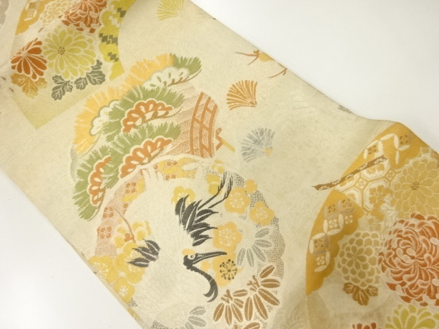 JAPANESE KIMONO / ANTIQUE NAGOYA OBI / SILK / WOVEN PINE & KIKU WITH CRANE